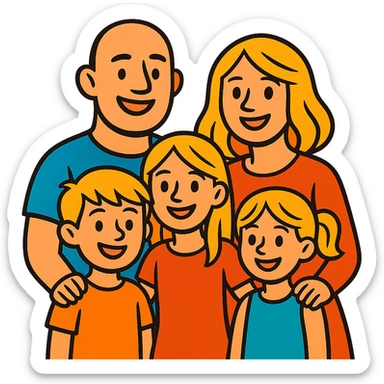 a caucasian family with a bald man, a blonde woman, two blonde girls and one blonde boy, vibrant toon style sticker