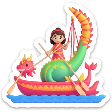 A chibi girl dressed as a dragon boat drummer, holding soft pastel drumsticks, standing in a fluffy dragon boat, colorful festival ribbons flying, sparkles and cute mini fish swimming below, soft pastel colors, watercolor texture, transparent background sticker