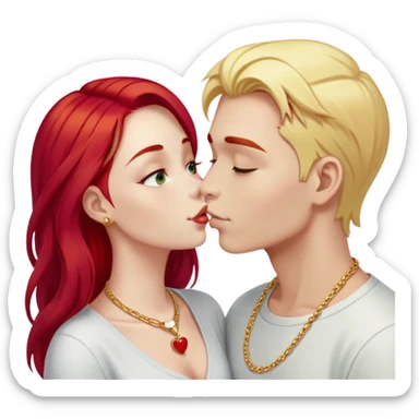 couple kissing, girl with long cherry red hair and blonde eyebrows, gold A necklace, light clothes, and boy with PURE WHITE SHORT HAIR (completely white like paper, not blonde, not gray) sticker