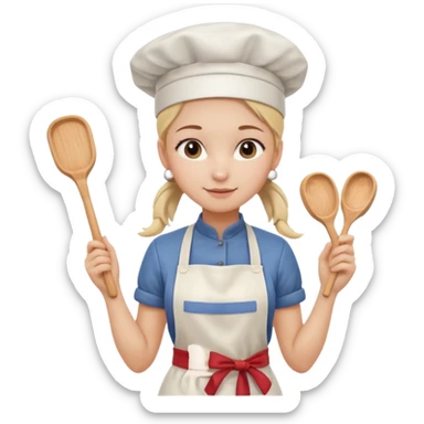 Young female pastry chef - single ponytail, apron, wearing a white hat, holding a rolling pin sticker