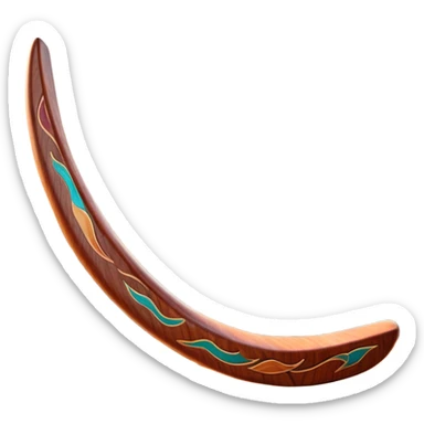 Cinematic Realistic image of a classic boomerang, rendered with detailed wood grain textures and vibrant colors, set against a sunlit outback landscape that emphasizes its iconic Australian heritage sticker