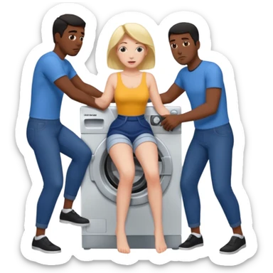 Eine Frau steckt bis zum Bauch in einer Waschmaschine fest und nur die Beine gucken raus und zwei schwarze männer ziehen an ihren Beinen um sie raus zu holen  sticker