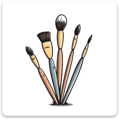 A set of artist paintbrushes in different sizes and shapes with wooden handles in pastel colors (dd9fb0, ffc6d3, a3bfc9, c4bee2, f1b091), hand-drawn doodle style sticker