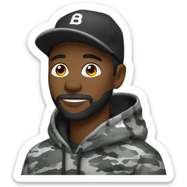 black man with a beard, gray camo hat, black pullover  hoodie sticker