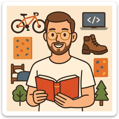 flat-toon style young man with light skin, short brown hair, neatly trimmed beard, round gold-rimmed glasses, smiling, plain white t-shirt, holding open red book at chest level, surrounded by hobby icons: orange mountain bike, gray laptop with code, brown hiking boot, climbing wall, bed with blue blanket and moon-and-stars, green tree sticker
