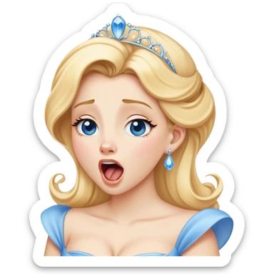 Cinematic Realistic Yawning Cinderella Portrait, showcasing lifelike porcelain skin and intricately detailed golden-blonde hair styled flawlessly as she mid-yawn reveals a moment of tender vulnerability. Her half-closed blue eyes and relaxed expression are rendered with natural, soft lighting that emphasizes the subtle textures of her face and the detailed, flowing fabric of her iconic gown. The scene glows with a cozy, authentic warmth that captures a rare, intimate moment of repose. sticker