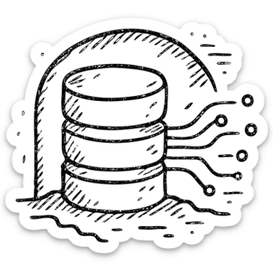 hand drawn outlined icon of stacked database cylinders in a basement or underground setting with abstract data streams, worn and distressed effect, detailed icon sticker