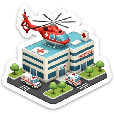 3d hospital outside, with text hospital, ambulance, helicopter , no background sticker