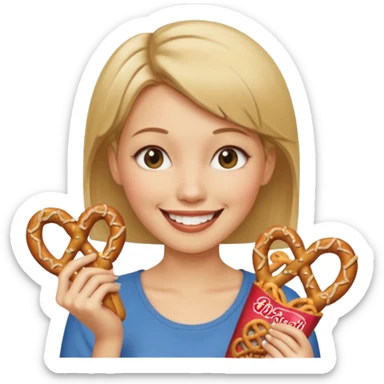 Short, Straight, Dirty blond hair, fair skin, woman winking holding pretzels sticker