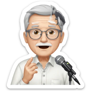 singer, Old man, singing to mic, white shirt glasses sticker