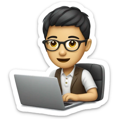 a asian human wear glasses is working on a laptop with a cup of coffee sticker