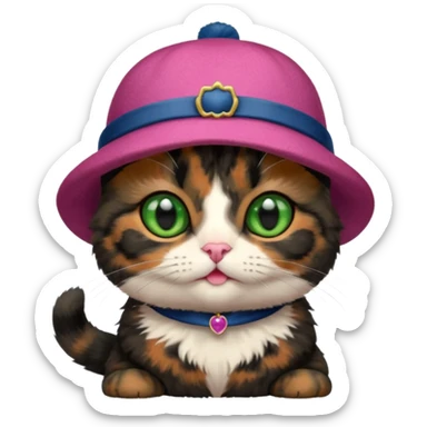 Cute mostly black tortoiseshell kitten wearing a british hat sticker