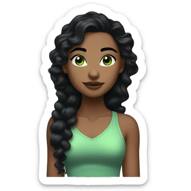 long curly black hair,eyes with a hint of green, eyes positive  canthal tilt ,medium thick shaped eyebrows , and medium thin lips, round face shape, soft jawline, full body, teen, sensual, american sticker