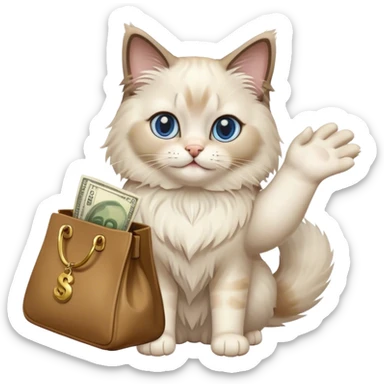 the ragdoll cat waves its paw and holds a bag of money sticker