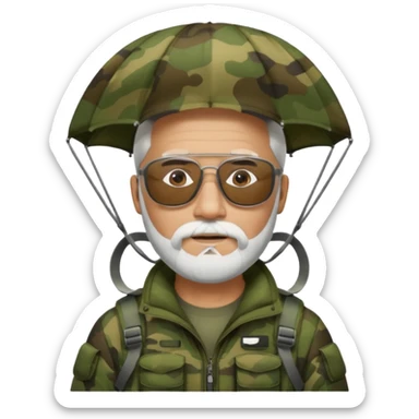 Man with a white beard and dark glasses wearing camouflage in a parachute sticker