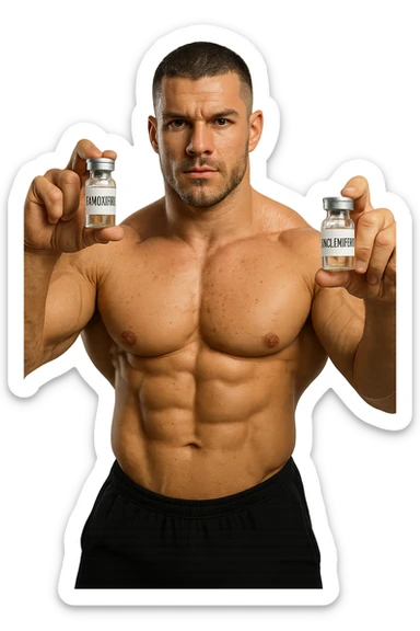 bodybuilder tiene una fiala medica con la scritta "TAMOXIF€NE" NELLA MANO DESTRA E UNA FIALA CON LA SCRITTA €NCL*MIFENE" NELLA MANO SINISTRA sticker