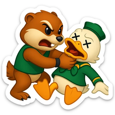 Create an intense action scene of the Oregon State Beaver mascot clearly strangling the University of Oregon Duck mascot. The style should resemble emoji style with bold, simple shapes and colors. The background should be removed, isolating the characters clearly in the image. sticker