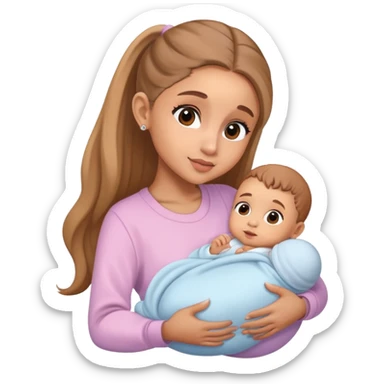 Ariana Grande with light skin holding a newborn baby sticker