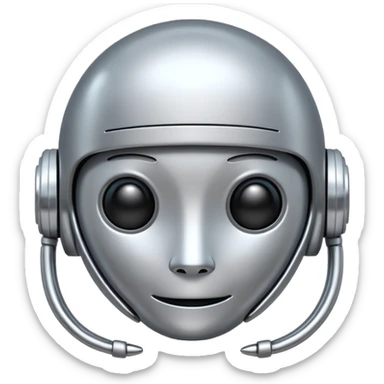 A cute futuristic robot emoji made of silver chrome, rounded friendly body, minimal facial features, glossy metallic surface, soft reflections, iOS emoji style, centered, clean white background sticker