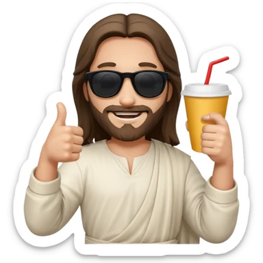 emoji di Gesù con occhiali da sole un pollice in su e in una mano un bicchiere di carta
 sticker