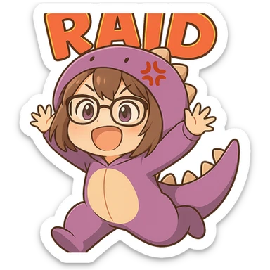 Add the text 'RAID' in front of the chibi anime style gamer girl jumping, keeping the same chibi stickers style, with no background. sticker