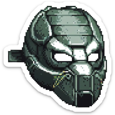 A black turtle mask with scratches, pixel art style, three-quarter view sticker