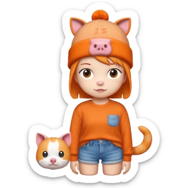 a colorful beanie, orange shirt with a cartoon pig and Japanese text, denim shorts, and accompanied by a small pixelated orange cat.  sticker