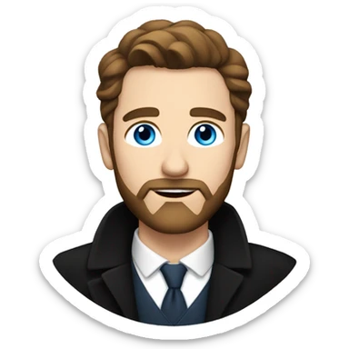 White male in 30s, blue eyes, with brown hair, a beard and a long smart black coat sticker