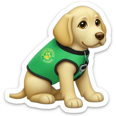 yellow lab puppy wearing a green service dog vest that reads “guide dogs for the blind puppy in training” sticker