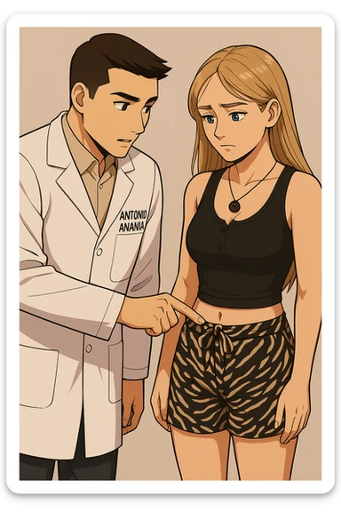 fai un webtoon/manga a colori con questo kinesiologo in camice bianco (fagli la scritta "ANTONIO ANANIA" SUL CAMICE) CHE PARLA CON QUESTA RAGAZZA CON GLI OCCHI AZZURRI. IL KINESIOLOGO CON IL CAMICE BIANCO LE TOCCA LA PANCIA CON UN DITO DOVE C'è L'INTESTINO. NON FARE I FUMETTI, FAI SOLO LORO COME SE DIALOGASSERO sticker