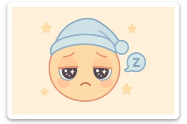 sleepy emoji with droopy eyes, a nightcap, and a snoring bubble, kawaii style sticker