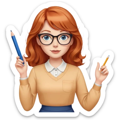 redheaded woman with long wavy hair and bangs, blue eyes, cat-eye glasses, pencil skirt, apricot blouse, holding a pencil, waving sticker