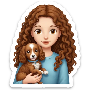 A long-haired girl holding a brown curly dog sticker