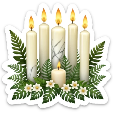 Aesthetic scenic beautiful gorgeous holy divine spiritual pretty elegant sparkly shiny scene of Candles, flowers, marble stone, lush vines, ferns, scenic aesthetic scenery sticker