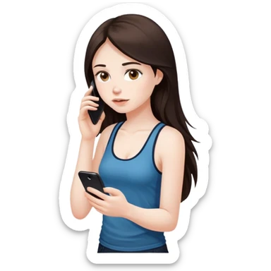 girl with long dark brown hair and pale wearing a tank top, on her phone sticker