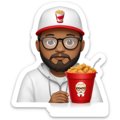 BBNO$ rapper sitting in a KFC bucket, glasses, beard, snapback cap sticker