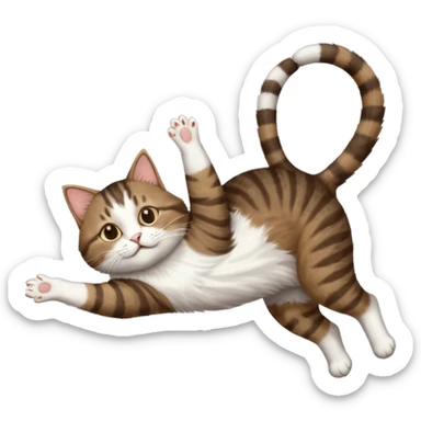 dark brown tabby and white cat with doing a big extremely long stretch reaching up into the air with arms and legs side by side together straight and overextended whilst lying on its side sticker