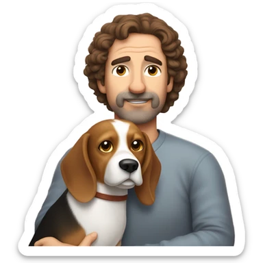 Beagle cuddles middle age man with curly dark brown  hair without bear  sticker