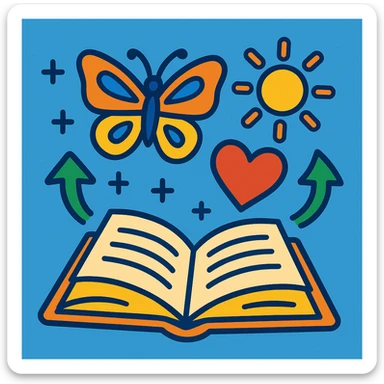 open book with symbols of transformation (butterfly, heart, sun) floating above it, optimistic and motivational style sticker
