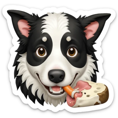 A black and white border collie is chewing on a rotten, smelly cow's hoof. sticker