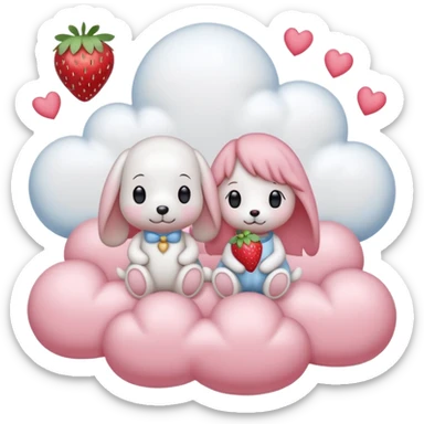  Couple DP in AI emoji style with Cinnamoroll and Snoopy. Both wear strawberry-themed accessories, sitting together on a pastel pink cloud with hearts, sparkles, and strawberries around. Cute, soft, and romantic vibe. sticker