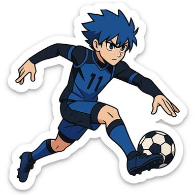anime soccer player inspired by Blue Lock, dynamic pose, blue and black uniform sticker