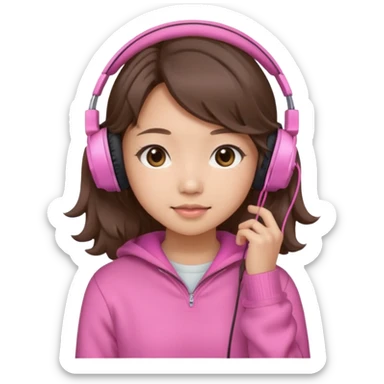 a asian japanese girl with wavy silky brown hair and no bangs. she has a cute pink gaming headphones. she is wearing a cute pink sweater  sticker