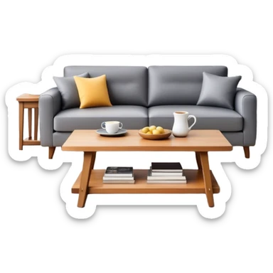 A stylish living room with sofa, coffee table, and decorative items sticker