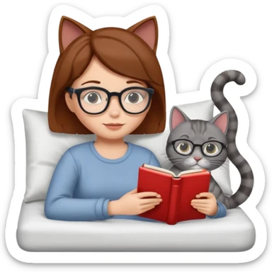 A girl is lying in bed. She has short chestnut hair styled neatly, is wearing glasses, and is reading a book. A grey cat is lying on her legs. sticker
