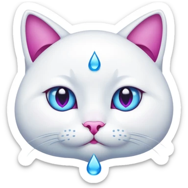 White cat, emphasized sad face, blue water tear drop below one eye, magenta eyes, black background, cute cartoon style sticker