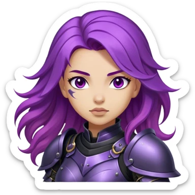 A mysterious warrior girl with flowing purple hair, dressed in black armor. sticker