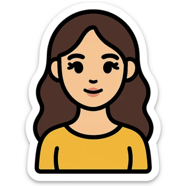 oval face with wide dark eyes and long eyelashes, soft nose and lips, light skin, long wavy dark brown hair, slim body, simple elegant clothes without hijab, colorful icon style with clear lines sticker