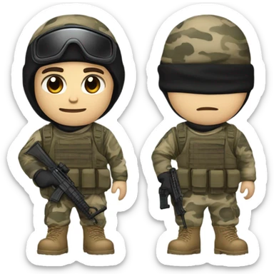 White male, call of duty black mask, camo tactical gear, tan combat boots, black beanie, blue eyes sticker