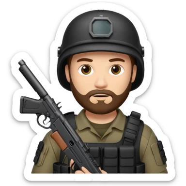 SWAT member with white skin and brown beard and gun sticker